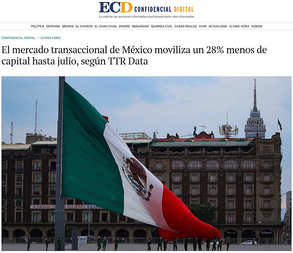 El mercado transaccional de Mxico moviliza un 28% menos de capital hasta julio, segn TTR Data